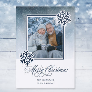 Snowy Night Blue Watercolor Merry Christmas Letterpress Photo Cards