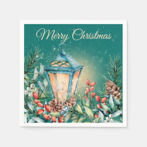 Snowy Night Christmas Lantern Paper Napkin