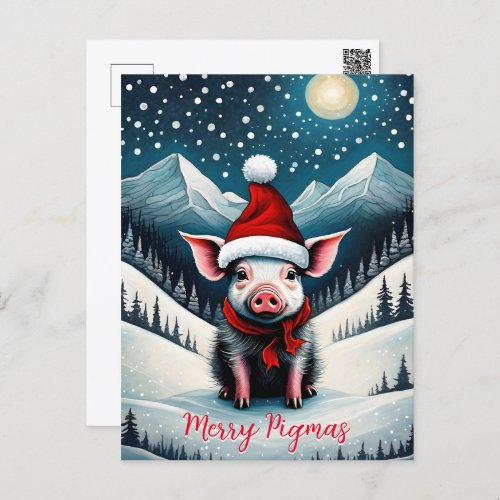 Snowy Night Cute Baby Pig Merry Pigmas Christmas  Holiday Postcard