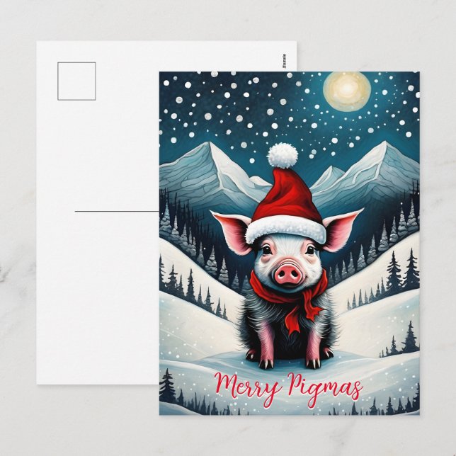 Snowy Night Cute Baby Pig Merry Pigmas Christmas  Holiday Postcard (Front/Back)
