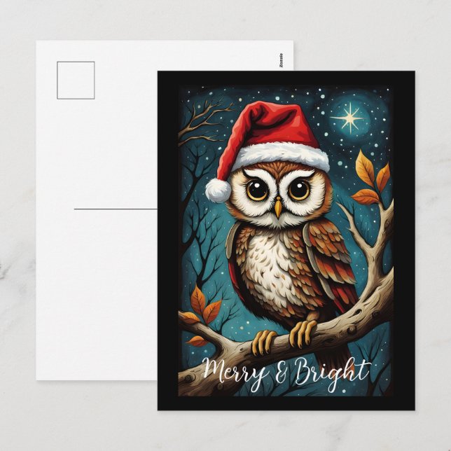 Snowy Night Cute Owl Merry & Bright Christmas  Holiday Postcard (Front/Back)