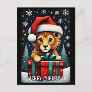 Snowy Night Cute Santa Baby Lion Christmas Postcard