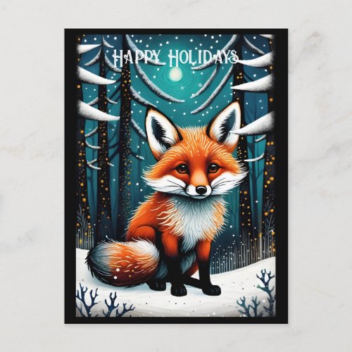 Snowy Night Forest Cute Fox Christmas Holidays Postcard