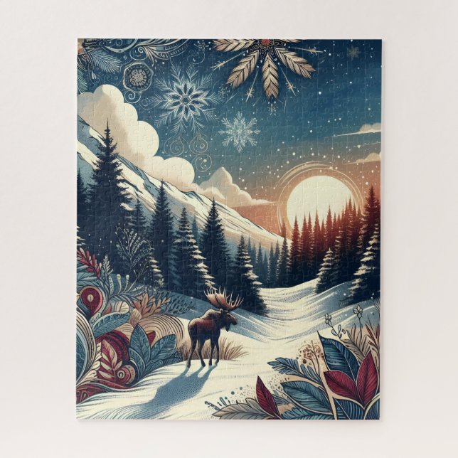 Snowy Night Moose Forest Mountains Boho Pattern Jigsaw Puzzle (Vertical)