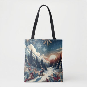 Snowy Night Moose Forest Mountains Boho Pattern Tote Bag