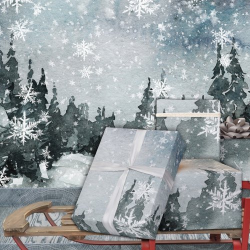 Snowy Night Sky Winter Woodland Forest Snowflakes Wrapping Paper