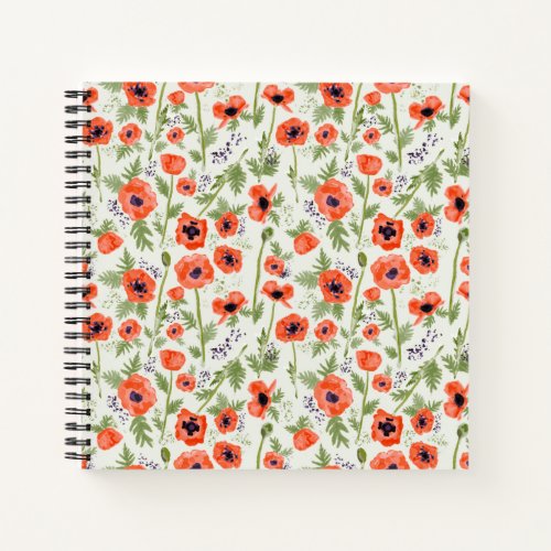Snowy Orange Red Poppy Watercolor Flowers Notebook