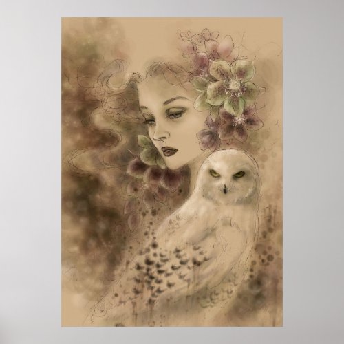 Snowy Owl and Christmas Rose Fantasy Art Poster