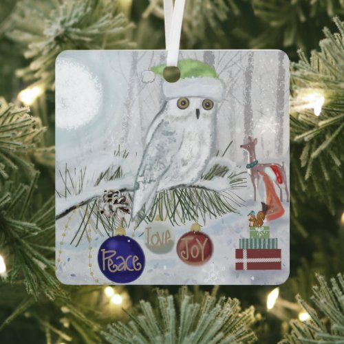Snowy Owl and Friends on Christmas Eve Metal Ornament