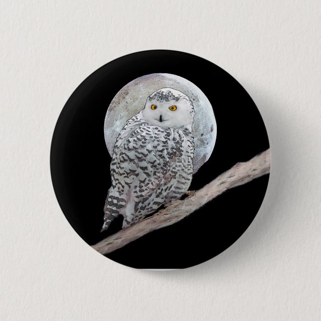 Snowy Owl and Moon Painting - Original Bird Art Button (Front)
