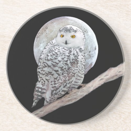 Snowy Owl and Moon Painting _ Original Bird Art Coaster