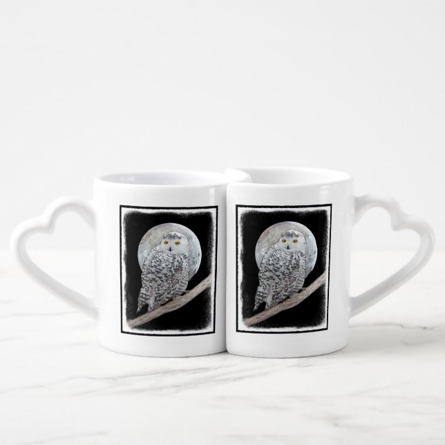 Snowy Owl and Moon Painting - Original Bird Art Coffee Mug Set (Front Nesting)