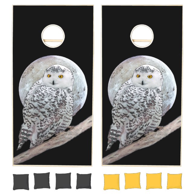Snowy Owl and Moon Painting - Original Bird Art Cornhole Set (Set)