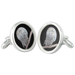 Snowy Owl and Moon Painting - Original Bird Art Cufflinks