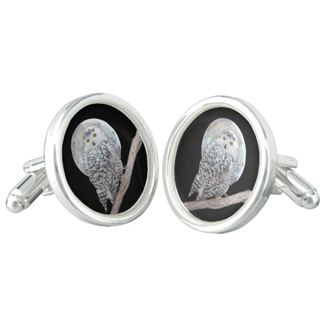 Snowy Owl and Moon Painting - Original Bird Art Cufflinks (Angled)
