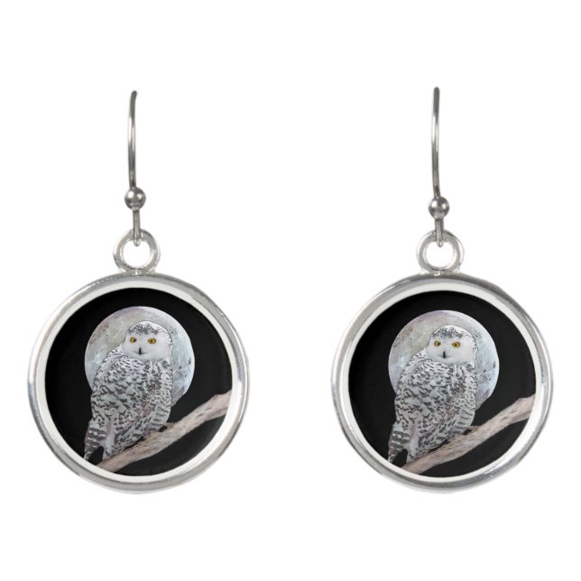 Snowy Owl and Moon Painting - Original Bird Art Earrings (Front)
