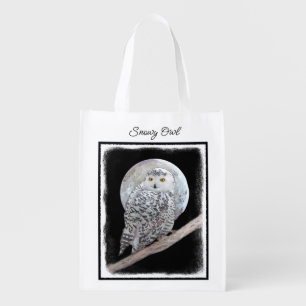Snowy Owl and Moon Painting - Original Bird Art Grocery Bag