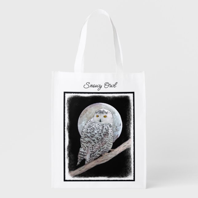 Snowy Owl and Moon Painting - Original Bird Art Grocery Bag (Front)