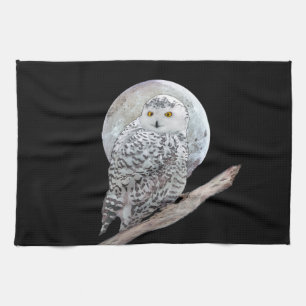 Snowy Owl and Moon Painting - Original Bird Art Kitchen Towel