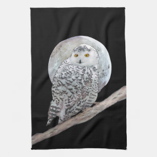 Snowy Owl and Moon Painting - Original Bird Art Kitchen Towel