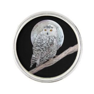 Snowy Owl and Moon Painting - Original Bird Art Lapel Pin