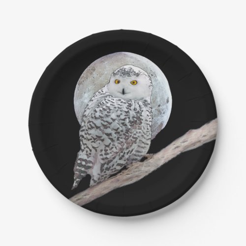 Snowy Owl and Moon Painting _ Original Bird Art Paper Plates