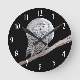 Snowy Owl and Moon Painting - Original Bird Art Round Clock