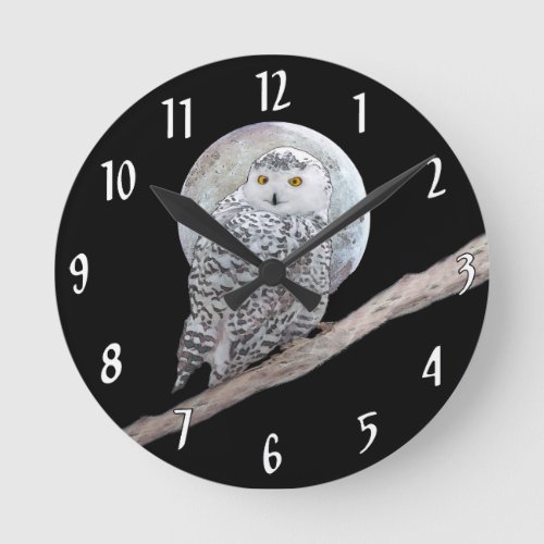 Snowy Owl and Moon Painting _ Original Bird Art Round Clock