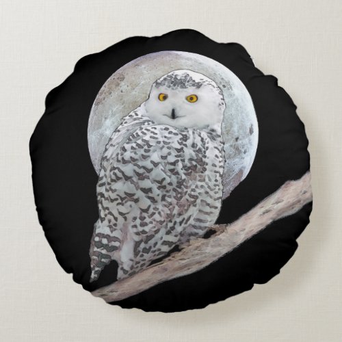 Snowy Owl and Moon Painting _ Original Bird Art Round Pillow