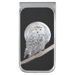 Snowy Owl and Moon Painting - Original Bird Art Silver Finish Money Clip