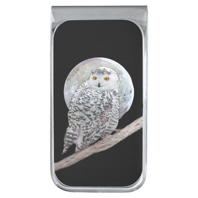 Snowy Owl and Moon Painting - Original Bird Art Silver Finish Money Clip (Front Vertical)