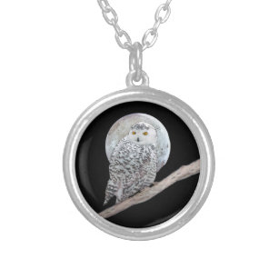 Snowy Owl and Moon Painting - Original Bird Art Silver Plated Necklace