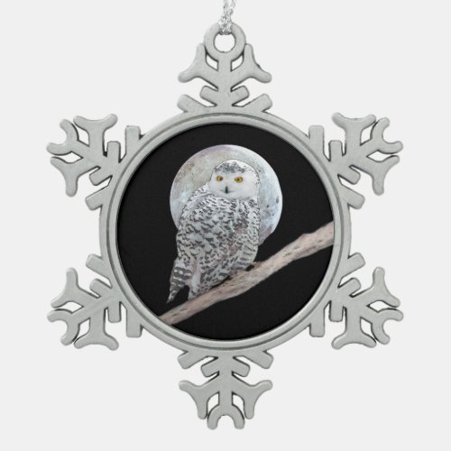 Snowy Owl and Moon Painting _ Original Bird Art Snowflake Pewter Christmas Ornament