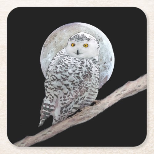 Snowy Owl and Moon Painting _ Original Bird Art Square Paper Coaster