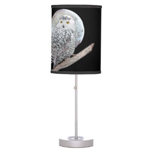Snowy Owl and Moon Painting - Original Bird Art Table Lamp