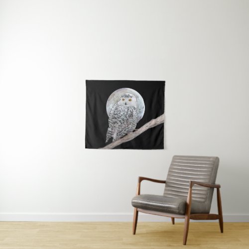 Snowy Owl and Moon Painting _ Original Bird Art Tapestry