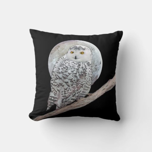 Snowy Owl and Moon Painting _ Original Bird Art Throw Pillow