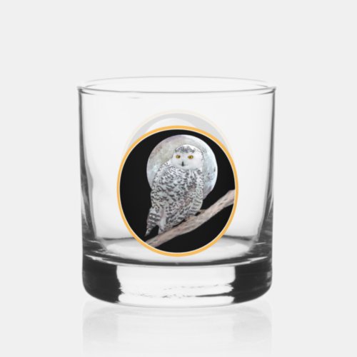 Snowy Owl and Moon Painting _ Original Bird Art Whiskey Glass