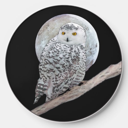 Snowy Owl and Moon Painting _ Original Bird Art Wireless Charger