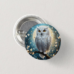 Snowy Owl And Moon With Sparkle, Button