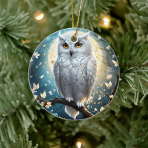 Snowy Owl And Moon With Sparkle, Ceramic Ornament