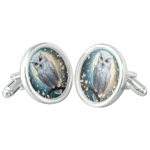 Snowy Owl And Moon With Sparkle, Cufflinks