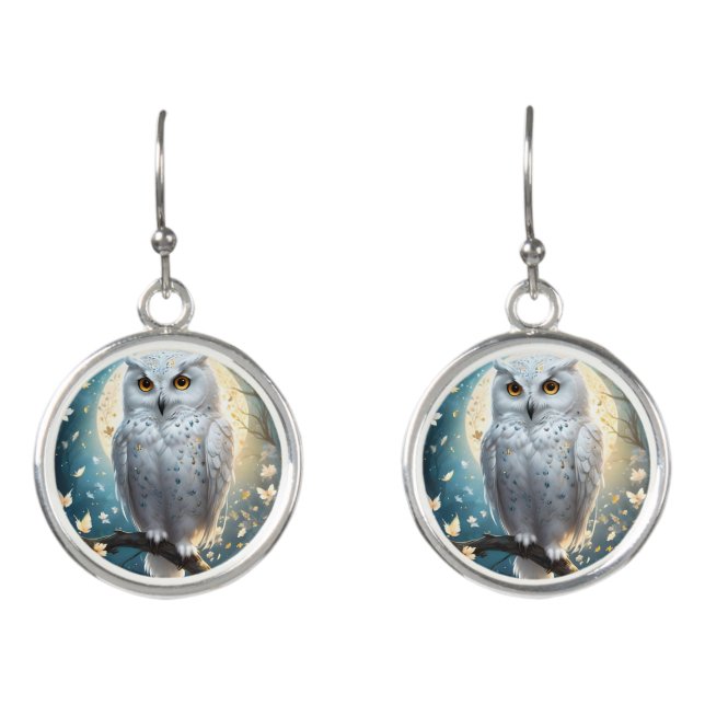 Snowy Owl And Moon With Sparkle, Earrings (Front)