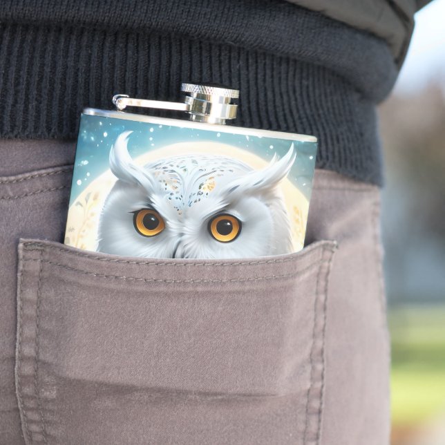 Snowy Owl And Moon With Sparkle, Flask (In Situ)