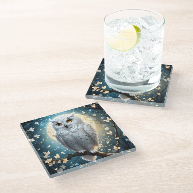 Snowy Owl And Moon With Sparkle, Glass Coaster (Angled)
