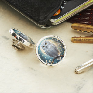 Snowy Owl And Moon With Sparkle, Lapel Pin