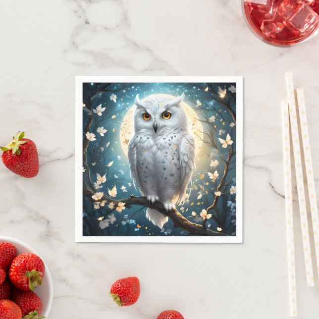 Snowy Owl And Moon With Sparkle, Napkins (Insitu)