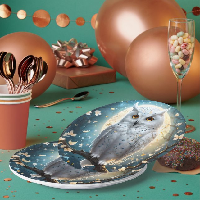 Snowy Owl And Moon With Sparkle, Paper Plates (Multi)