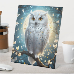 Snowy Owl And Moon With Sparkle, Pedestal Sign