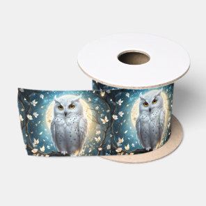 Snowy Owl And Moon With Sparkle, Satin Ribbon